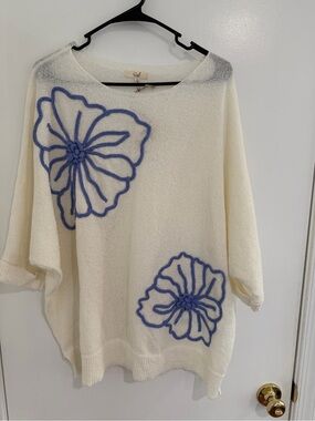Easel Floral Knit Sweater Womens Large Cream Blue Boho Cottagecore Fairycore Top